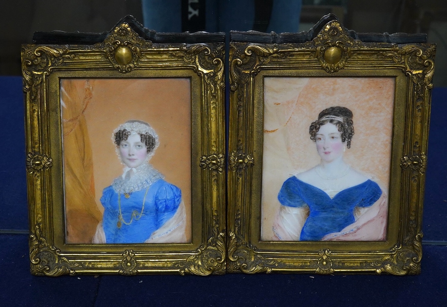 Attributed to Anthony Stewart (1773-1846), pair of portrait miniatures on ivory, ‘HRH Duchess of Kent’ and ‘HRH Princess Sophia’, c.1820, 10.5 x 8cm, housed in cast brass frames. CITES Submission reference JCE2Q6RT. Cond